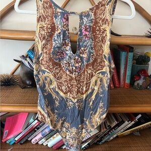 Free People Floral Print Bodysuit in Brown and Pink
